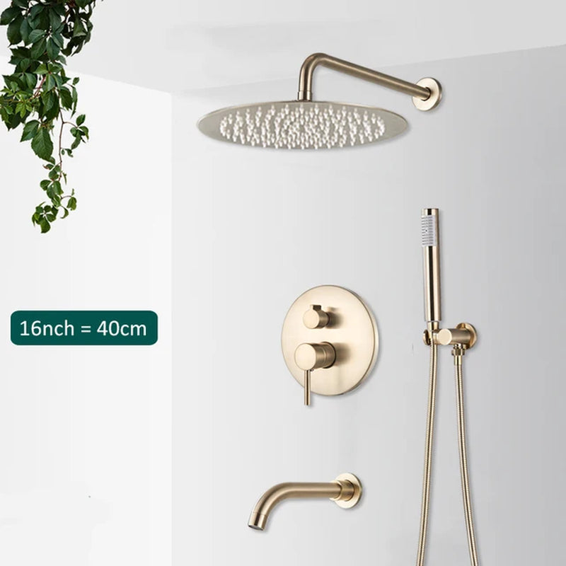 Brushed Gold Shower Faucets Set Rainfall Shower System Concealed Hot Cold Water Mixer Tap Bathroom round Shower Faucet