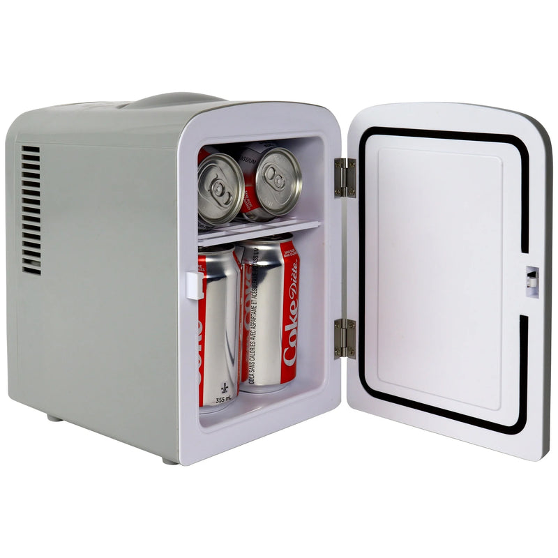 Diet Coke 4L Mini Fridge 12V DC and 110V AC Cords, 6 Can Portable Cooler, Personal Travel Refrigerator, Gray