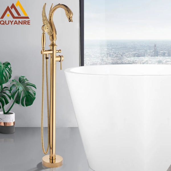 Gold Swan Floor Mount Bathtub Faucet Floor Standing Bathroom Crane Black Chrome Bath Shower Mixer Tap Bathroom Faucet