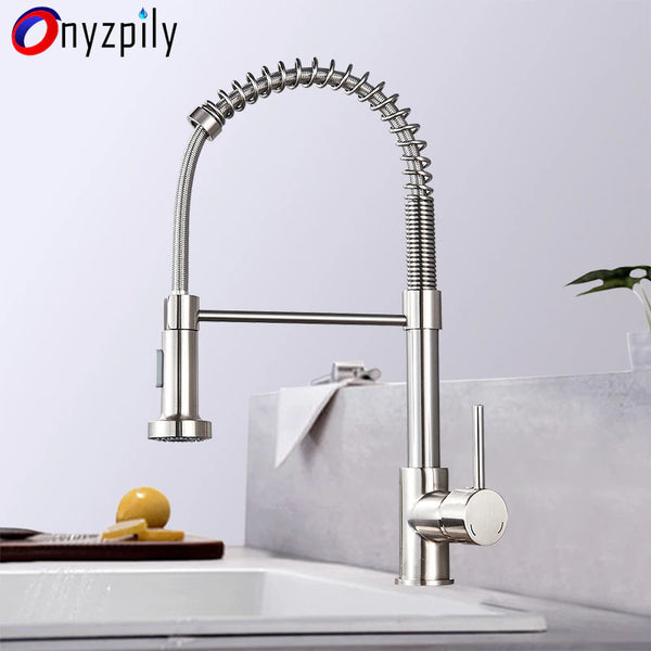 Spring Brushed Kitchen Sink Faucet Pull down Sprayer Nozzle Single Handle Faucets Mixer Hot Cold Stainless Steel Modern