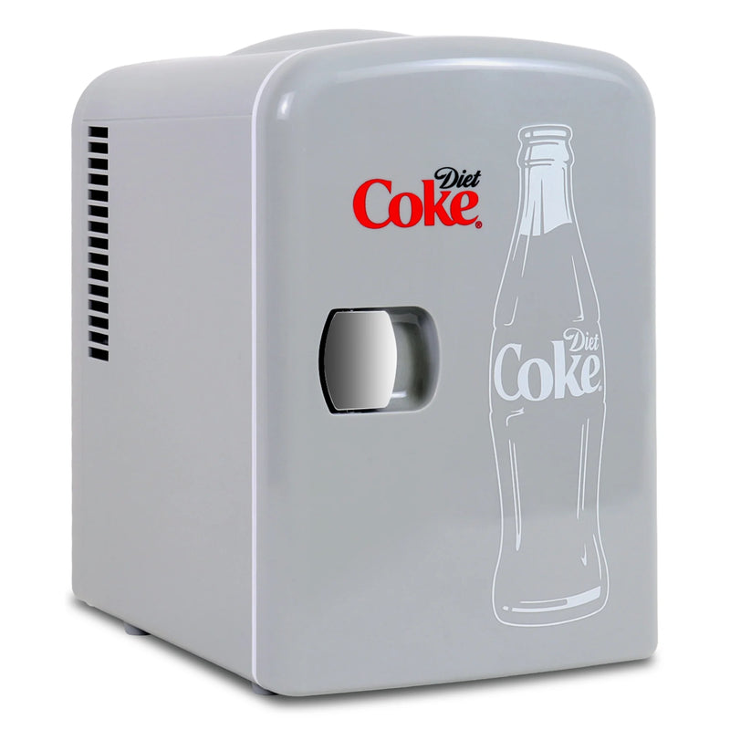 Diet Coke 4L Mini Fridge 12V DC and 110V AC Cords, 6 Can Portable Cooler, Personal Travel Refrigerator, Gray