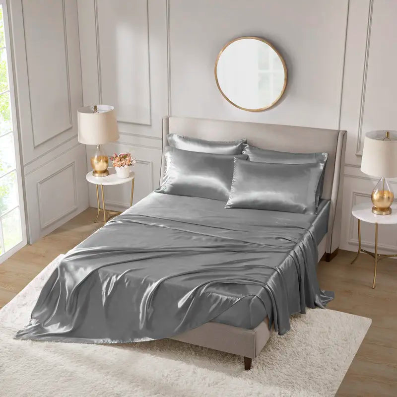 【Summer Deal】6 Piece Solid Color Satin Sheet Set (1*Flat Sheet + 1* Fitted Sheet + 4*Pillowcases, without Core), Luxury and Silky with Natural Sheen, Elastic 14" Pocket Fits up to 16" Mattress, All around Elastic - Year-Round Bedding