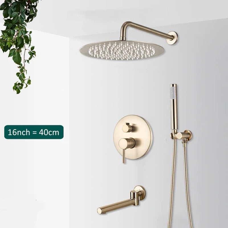 Brushed Gold Shower Faucets Set Rainfall Shower System Concealed Hot Cold Water Mixer Tap Bathroom round Shower Faucet