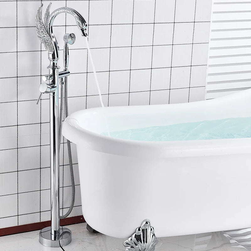 Gold Swan Floor Mount Bathtub Faucet Floor Standing Bathroom Crane Black Chrome Bath Shower Mixer Tap Bathroom Faucet