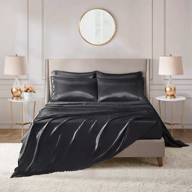 【Summer Deal】6 Piece Solid Color Satin Sheet Set (1*Flat Sheet + 1* Fitted Sheet + 4*Pillowcases, without Core), Luxury and Silky with Natural Sheen, Elastic 14" Pocket Fits up to 16" Mattress, All around Elastic - Year-Round Bedding