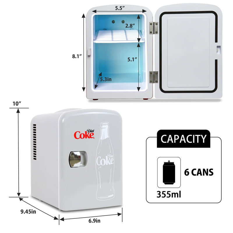 Diet Coke 4L Mini Fridge 12V DC and 110V AC Cords, 6 Can Portable Cooler, Personal Travel Refrigerator, Gray