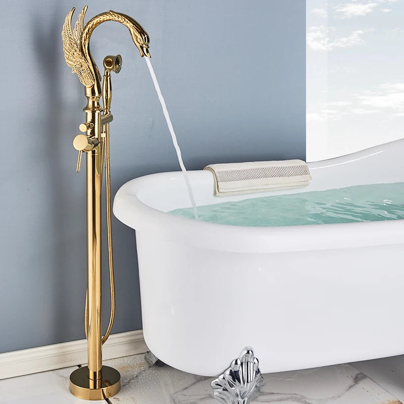 Gold Swan Floor Mount Bathtub Faucet Floor Standing Bathroom Crane Black Chrome Bath Shower Mixer Tap Bathroom Faucet