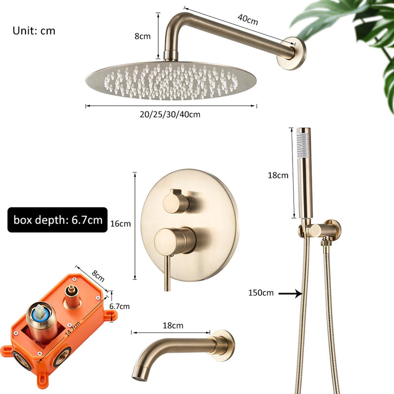 Brushed Gold Shower Faucets Set Rainfall Shower System Concealed Hot Cold Water Mixer Tap Bathroom round Shower Faucet